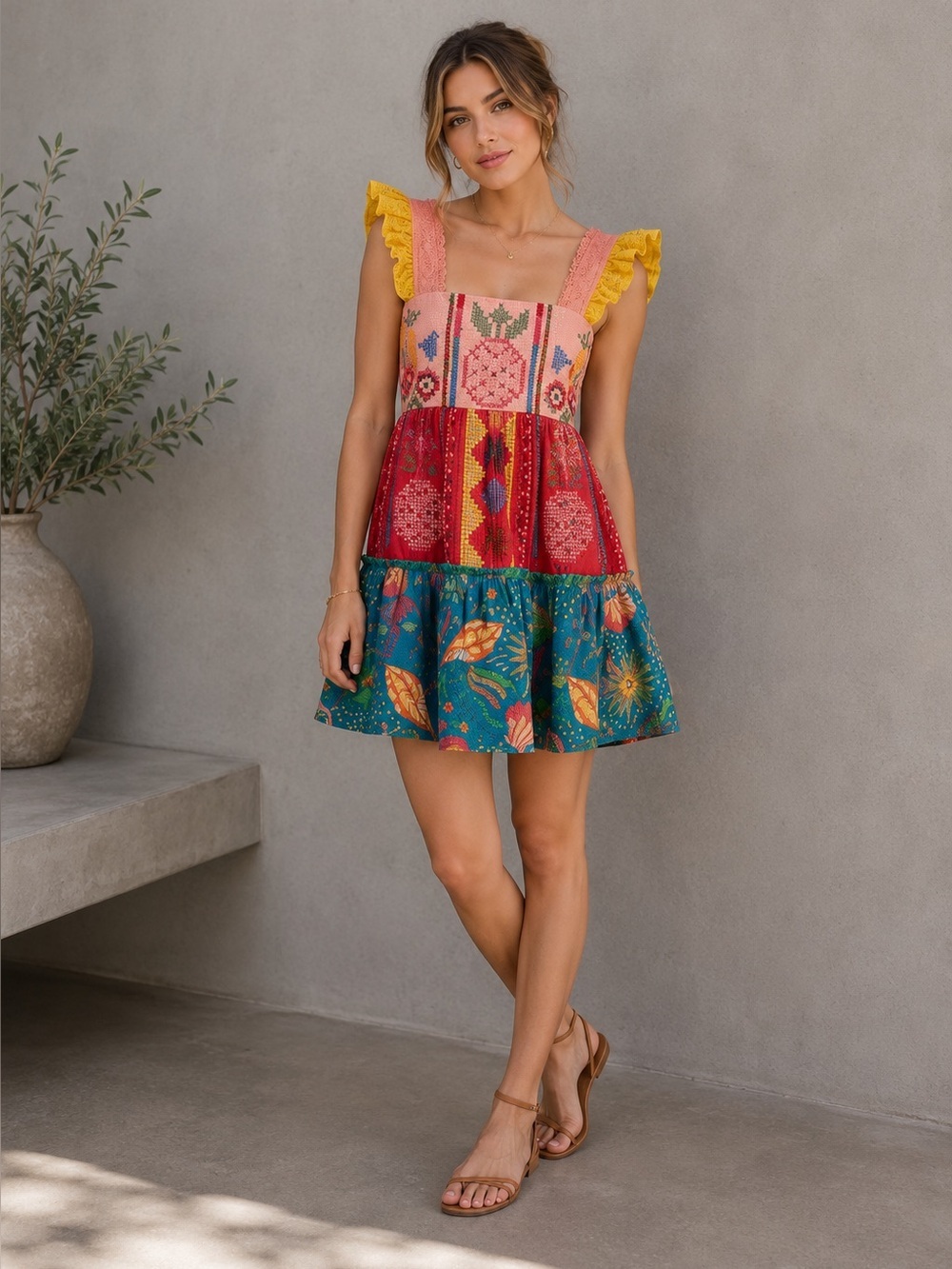 FARM RIO Cross-Stitch Tiered Cotton Minidress XS B1142